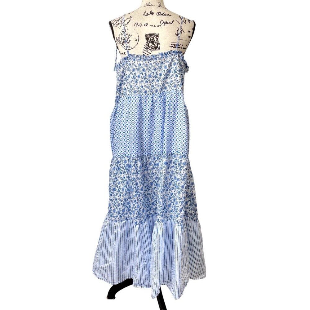J.Crew Ruffle Tiered Dress Sleeveless Blue Floral Cotton Prairie Women XL - Picture 4 of 8